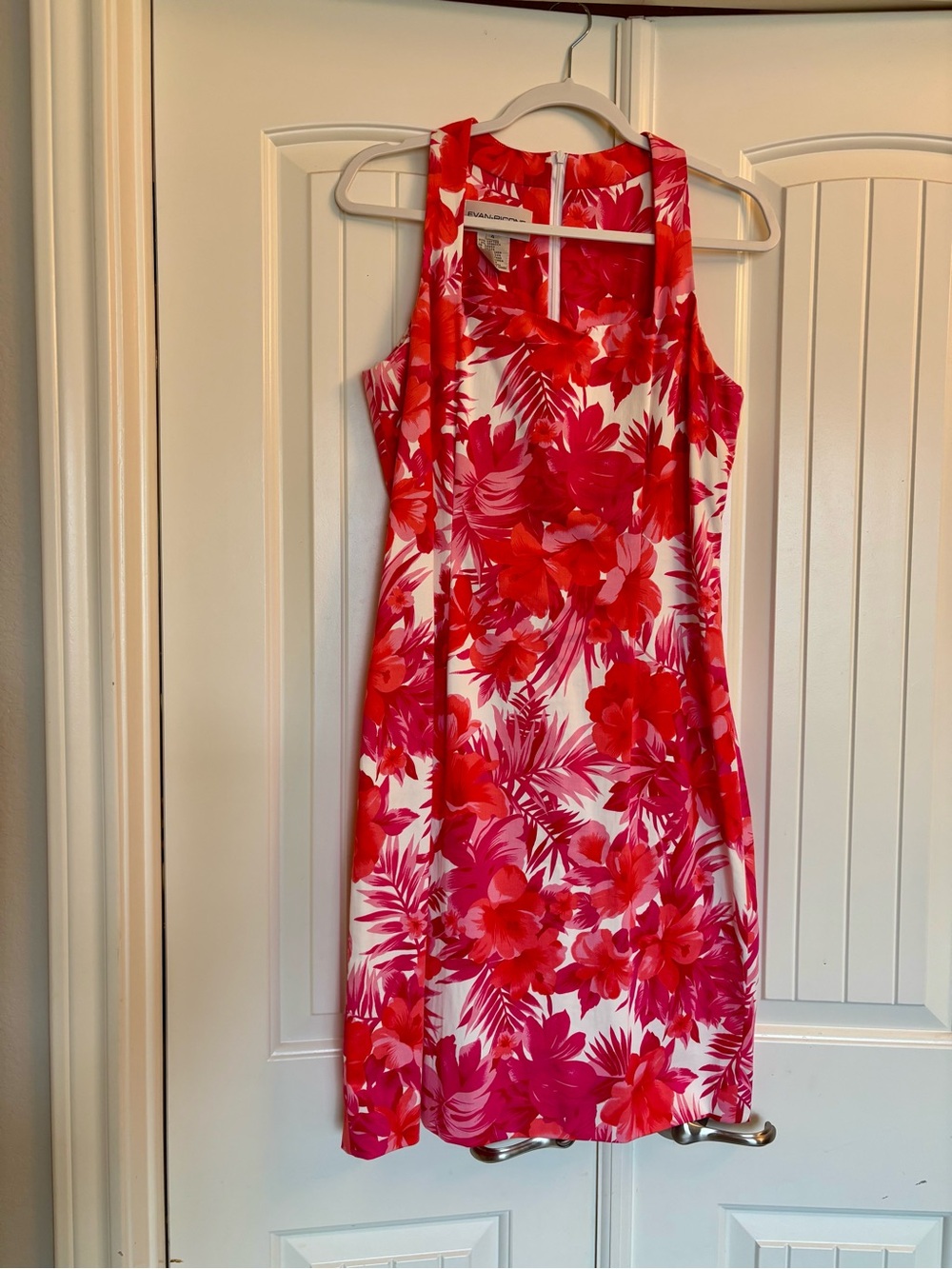 Evan Picone Pink and Red Tropical-Print Midi Dress
